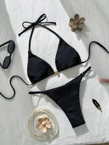 Swim Mod Women's Summer Solid Cream Yellow Jacquard Fabric Star Decor Halter Bikini Set Capri Holiday - Black - View 1