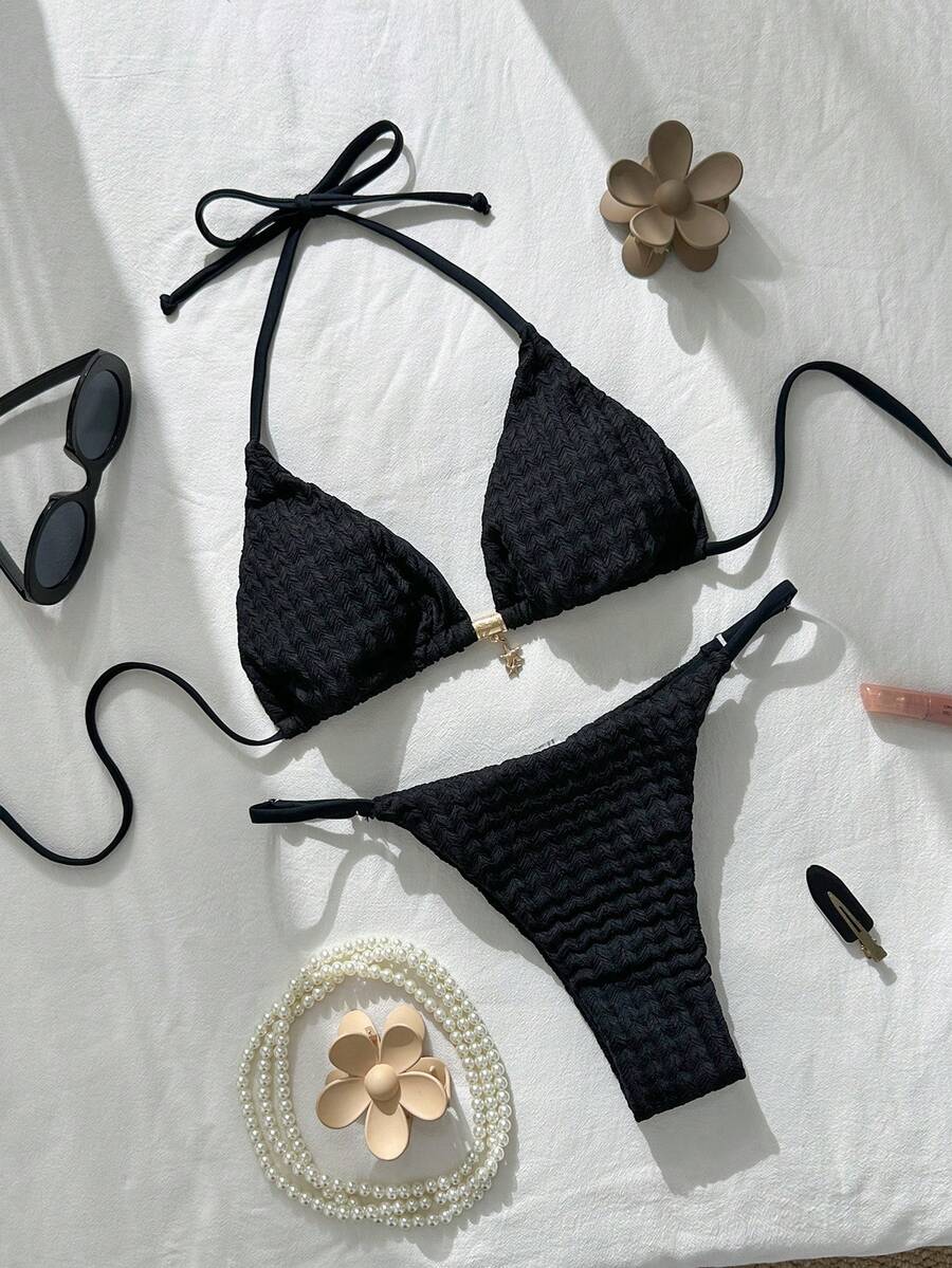 Swim Mod Women's Summer Solid Cream Yellow Jacquard Fabric Star Decor Halter Bikini Set Capri Holiday - Black - View 1