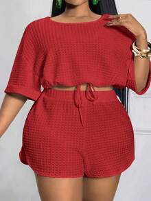 Slaydiva Conjunto informal de 2 piezas de talla grande con cintura con cordón y bajo con abertura, de unicolor, para verano - Rojo - Ver 1