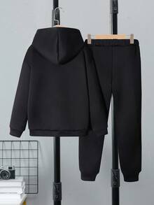 SHEIN Vacaura 2件套男童休闲连帽运动衫和运动裤针织套装，秋冬 - 黑色 - 查看 2