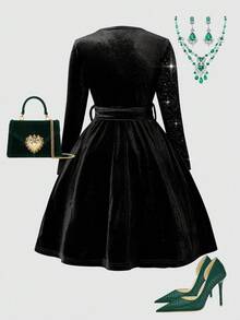 SHEIN Girls' Emerald Green Velvet Rhinestone Patchwork Asymmetric Collar Dress, Suitable For Party, Fashion, And Holiday Occasions - Black - View 2