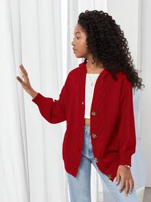 SHEIN 少女休闲宽松连帽长袖开衫毛衣，女童毛衣外套，大码针织开衫，少女夏季外套，秋冬季大地色系服装 - 紅色 - 查看 5