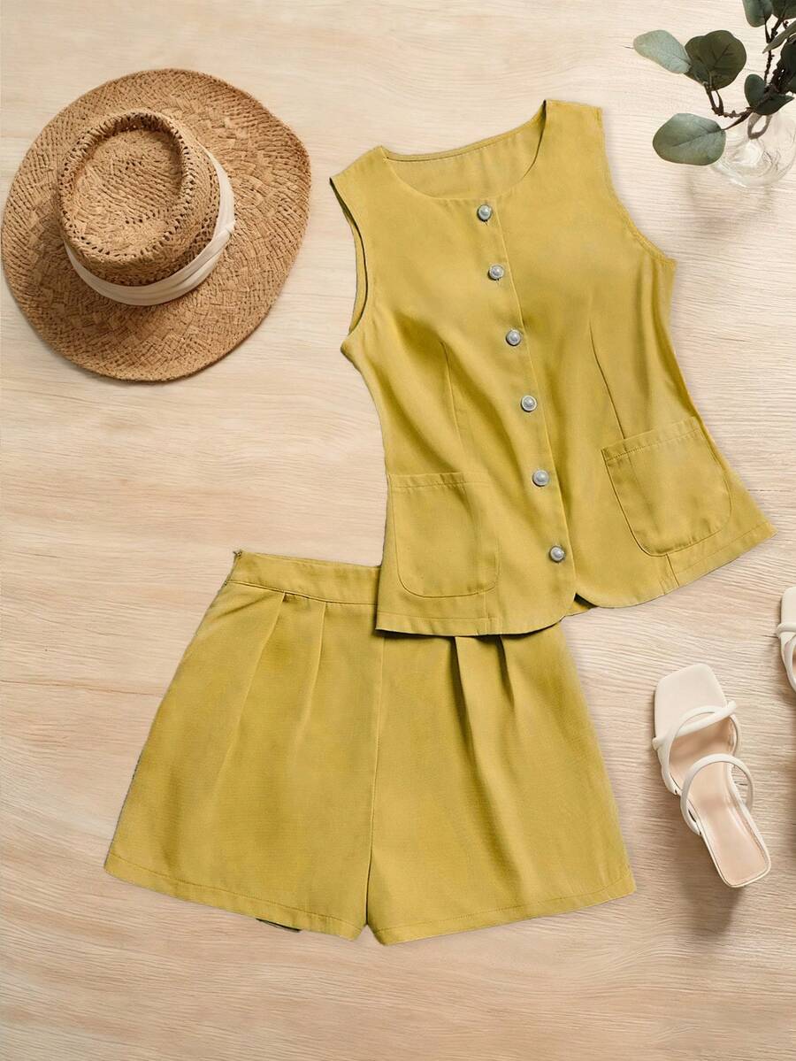 Franclia 2 pièces Ensemble femme été décontracté composé d'un débardeur ajusté de couleur unie en texture de lin et d'un short large - Jaune citron - Voir 1