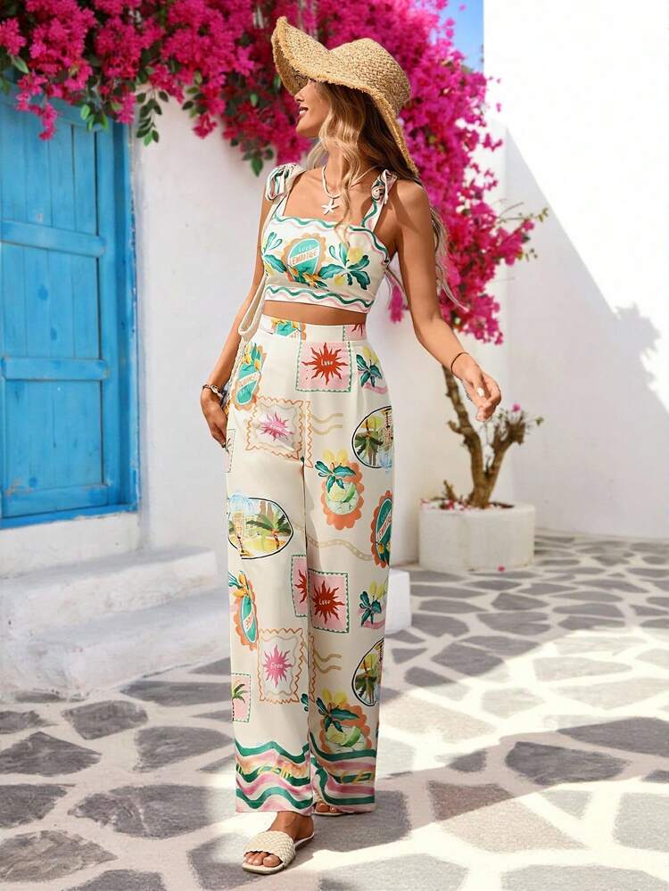 Vivid Eden 2 Peças Conjunto de Top Cropped com Amarração nos Ombros e Calça Longa com Estampa Tropical de Verão para Mulheres, Looks de Férias Femininos, Roupas de Praia Femininas, Festival, Boho, Doce, Roupas Femininas para Férias Tropicais, Looks de Férias, Looks de Verão, Conjunto de Duas Peças de Verão - Azul - Visão 7