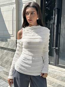 Chiquease Winter  Christmas  New Year  Party  Elegant Dress  Women's Jacquard Metallic Off-Shoulder Long Sleeve Knit Base Layer Top - Black - View 4