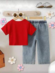 SHEIN 2pcs Girls Vintage Red Ribbed Fabric Round Neck Short Sleeve Top With Bow Decor & Elastic Waist Button Decor Jeans Pants Set - Red - View 2