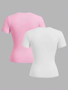 SHEIN EZwear 2pcs/Set Casual Minimalist Basic Round Neck Short Sleeve Undershirt, Pink & White, Spring/Summer - Multicolor - View 2