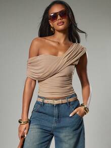 Hauture Women's Sexy Casual Solid Color Asymmetrical One Shoulder Ruched Top - Khaki - View 5