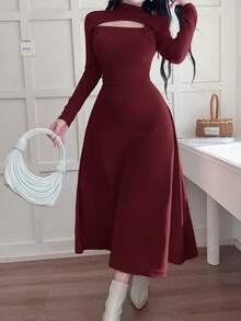 Feyla Women's Solid Color Minimalist Long Sleeve Midi Dress, Casual Everyday Wear - Burgundy - View 6