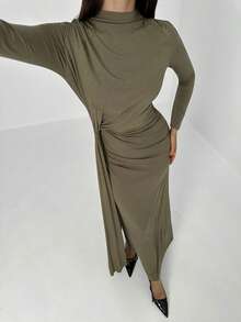 Aloruh Vestido Elegante Verde Militar com Cinto Franzido e Gola Amarrada para Mulheres - Verde - Visão 4