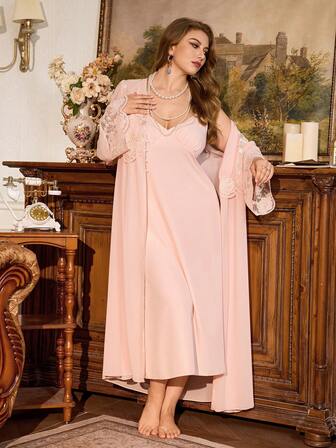 PalaceNights 两件套加大码女士复古宫廷刺绣蕾丝边收腰睡袍+吊带睡裙睡衣套装，冬季