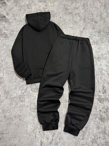 Coolqubz 2pcs/Set Teenage Boys Casual Street Style Graphic Print Hoodie Sweatshirt And Drawstring Pants Outfit, Fashionable Design Suitable For Autumn/Winter - Black - View 2