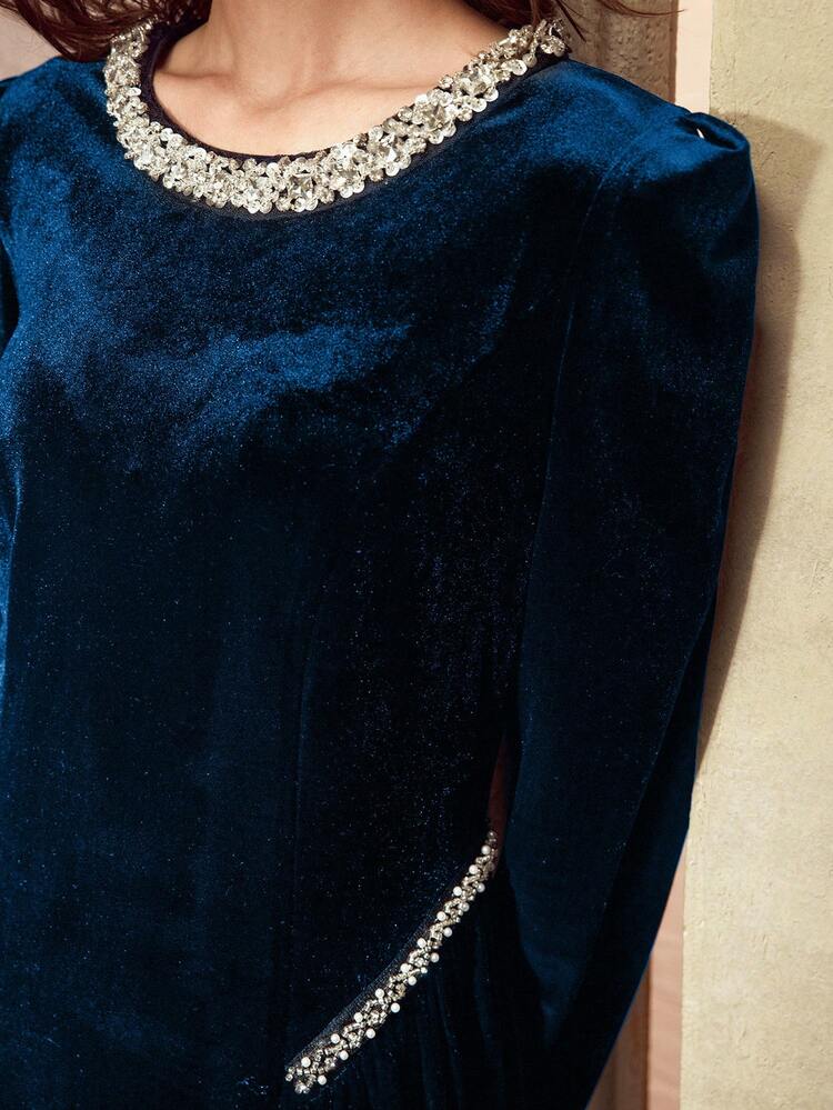 VELVET FAUX PEARL & RHINESTONE DETAIL A LINE DRESS