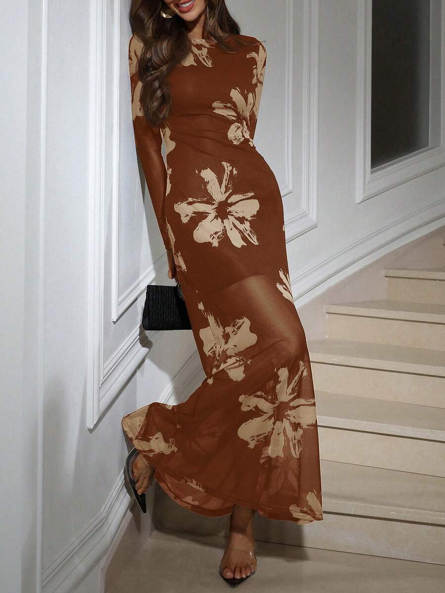 Aveloria 笔触花卉印花网纱性感修身长袖连衣裙，女士优雅连衣裙