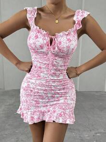 Mistrie Women's Retro Style Floral Print Off Shoulder Ruched Hem Dress - Pink - View 8