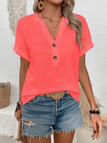 EMERY ROSE Solid Color Notched Neck Casual Short Sleeve T-Shirt, Versatile For Summer - Red - View 3