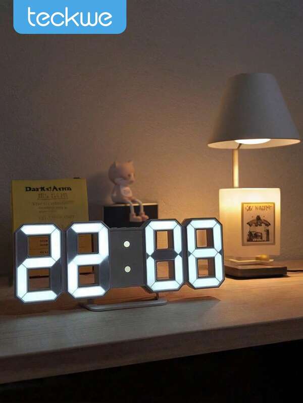 1pc Modern 3D LED Digital Desktop Clock, Suitable For Kitchen Bedroom Office, Stylish Design LED White Night Light Decorative Wall Clock, With Multi-Level Brightness/Time/Date/Alarm Clock, Alarm Clock Light, Clock Light, Night Light, Back-To-School Gift