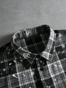 PAVTROS 男士休闲格子长袖衬衫，日常穿着，街头风，宽松版型，适合男士、情侣、印花、我爱我的男朋友、朋友、情侣装、男友 - 黑與白 - 查看 8