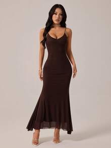 SHEIN PETITE 情人节酒红色浪漫约会派对吊带露背垂褶领口网纱长款连衣裙（女款） - 棕色 - 查看 5