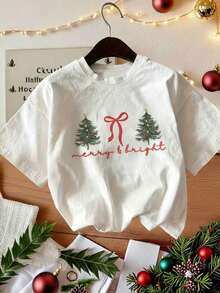 Mujer camiseta casual con estampado árbol de Navidad letras diseño relajado cuello redondo manga corta primavera verano uso diario - Blanco 2 - Ver 1