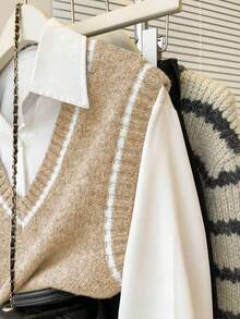 Franclia Maglia smanicata in maglia larga con scollo a V in stile retrò francese, con bordi a contrasto, adatta per l'autunno/inverno - Albicocca - Visualizzare 6