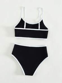 Teen Girl Summer Vacation Beach Contrast Trim Spaghetti Strap Bikini Set - Black and White - View 2