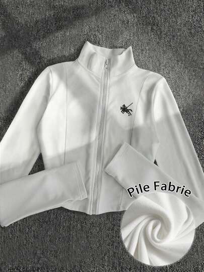 Glimmora Women's Polo Pattern Print Lightweight Jacket, Casual Street Sports Zip-Up Slim Fit Long Sleeve Coat, Autumn Fall Winter Cloth For Women