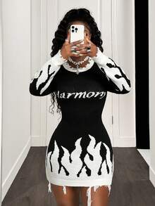 BamGleam Women's Sweaters, Dresses, Knitted Long Sleeves, Black And White Color Spots, Horse Patterns, Rough Edges, Letter Designs, Slim Fit, Sexy Vacation Travel, Leisure Parties, Women's Clothing, Spring And Autumn Styles, Summer, Winter, Autumn,Winter Outfit For Women,Elegant Dresses For Women,Elegant Dress Women,Casual Women's Dresses,Casual Dresses For Women,Casual Dress For Women,Casual Dress,Black And White Dress, - Black and White - View 5