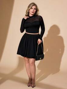 Hourglow Plus Size Women 2 Pieces Set - Solid Color Mesh Patchwork Long Sleeve Top And Mini Skirt, For Hourglass Body Shape/2026 /New Year - Black - View 8