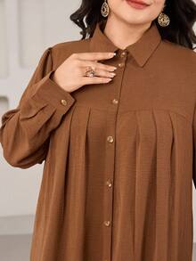 Veilorie Plus Size Women's Casual Solid Color Front Button Long Sleeve Top And Pants Arabic Style Set, Autumn - Brown - View 8