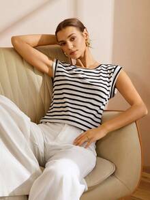 Lymera 女士基础款黑白条纹圆领短袖T恤，春夏休闲时尚 - 彩色 - 查看 4