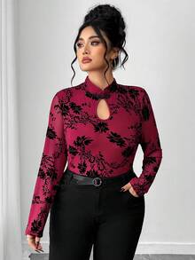 Elenzga Burgundy,Autumn,Elegant,Dinner Plus Size Women Mandarin Collar Printed Long Sleeve Button-Up T-Shirt,Fashionable Church Tops & Blouses For Women - Burgundy - View 4