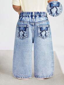 SHEIN 女婴蝴蝶结可爱装饰蓝色宽松牛仔裤，适合秋季、冬季、休闲时尚度假、街头穿搭，2000年代风格，圣诞节，女婴牛仔裤 - 藍色 - 查看 3