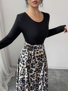 Rafferiza Vestido de manga larga con estampado de leopardo, cintura ceñida, acampanado, elegante, para primavera/otoño - Multicolor - View 3