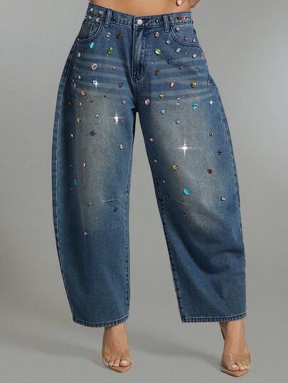 Denimoi Jeans casuales de tiro alto con decoración de rhinestones y bolsillos para mujer