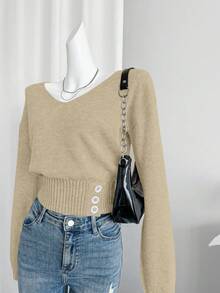 Celisse Áo len dài tay đơn giản, tối giản, màu trơn dành cho nữ - Màu be - Xem 3