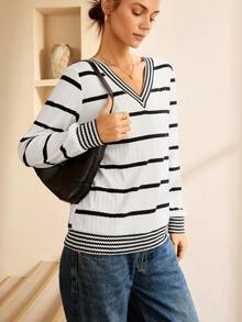 Lymera Women's Fashionable Casual Elegant New V-Neck Black And White Ribbed Jacquard Textured Long Sleeve Sweatshirt Tops, Black & White, Fall Autumn/Winter For Party Graduation Going Out New Year Christmas Thanksgiving Work Office Commuting Occasions - Multicolor - View 3