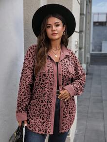 EMERY ROSE 大码女式豹纹拼接衬衫式外套，秋冬款 - 粉色 - 查看 5