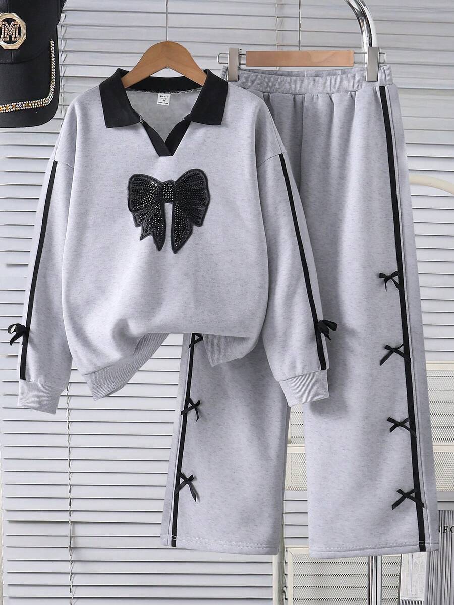 Girls' Minimalist Fashion Bow Embroidered V-Neck Pullover Sweatshirt With Matching Side Stripe Straight Pants Set, Casual Autumn/Winter Outfit - Grey - View 1