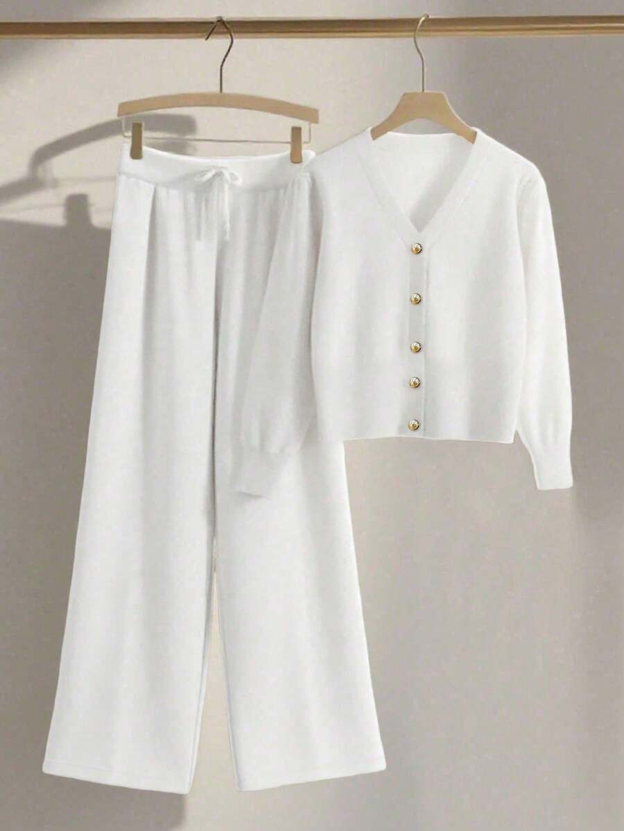 Franclia 2 件套女士休闲宽松针织毛衣和裤子家居服套装，舒适简约的设计 - 白色 - 查看 1