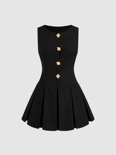 Sweetra 大码女装春夏褶皱方领金属纽扣装饰下摆褶皱优雅办公连衣裙，浪漫连衣裙，派对风格，高端优雅，黑色优雅，时尚秋季，优雅冬季，黑色3D优雅连衣裙