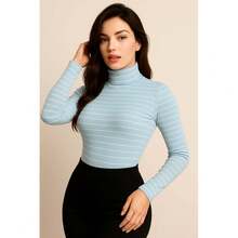 Blusa Top de Líneas Rayas Cuello Alto Manga Larga para Mujer Dama Sexy Casual Básico Lindo Adorable Tierno Ajustada - Azul - Ver 3