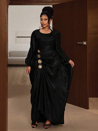 Maweii Rochie elegantă plisată cu decor metalic, mărime mare, pentru petrecere