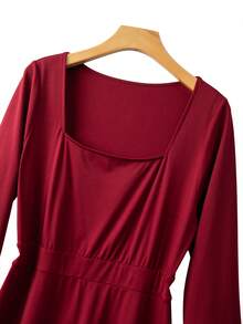 GlowEve CURVE Casual Long Sleeve Square Neck Red A Line Dress With Tiered Flounce Hem And Flare Cuffs Plus Size For Women - Red - View 3