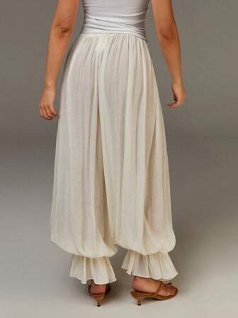 Athîral Women's Beige Stretch Waist Loose Casual Lantern Pants, Fluffy Trousers, Slightly Sheer Woven Fabric, Women's Summer Wear, Chiffon Fabric Trousers, Women's Beachwear, Women's Casual Wear