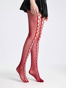 ROMWE Goth Quần tất lưới đen rách gợi cảm dành cho quý cô - Rượu rỗng màu đỏ - Xem 4