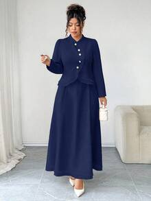 SHEIN Elenzya 大码挺括梭织面料高领长袖不规则弧形开口金色纽扣装饰收腰A字下摆荷叶边修身衬衫 + 收腰伞裙荷叶边半裙，优雅适合外出、通勤、聚会、约会等场合，两件套 - 藏蓝色 - 查看 6