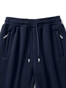 Manfinity Homme 男士纯色抽绳腰带保暖内衬运动裤，秋冬季 - 藏蓝色 - 查看 4