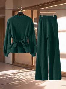 GlowEve Setelan 2 Potong Sweater & Celana Warna Polos Elegan untuk Wanita, Musim Gugur/Dingin - Dark Green - View 2