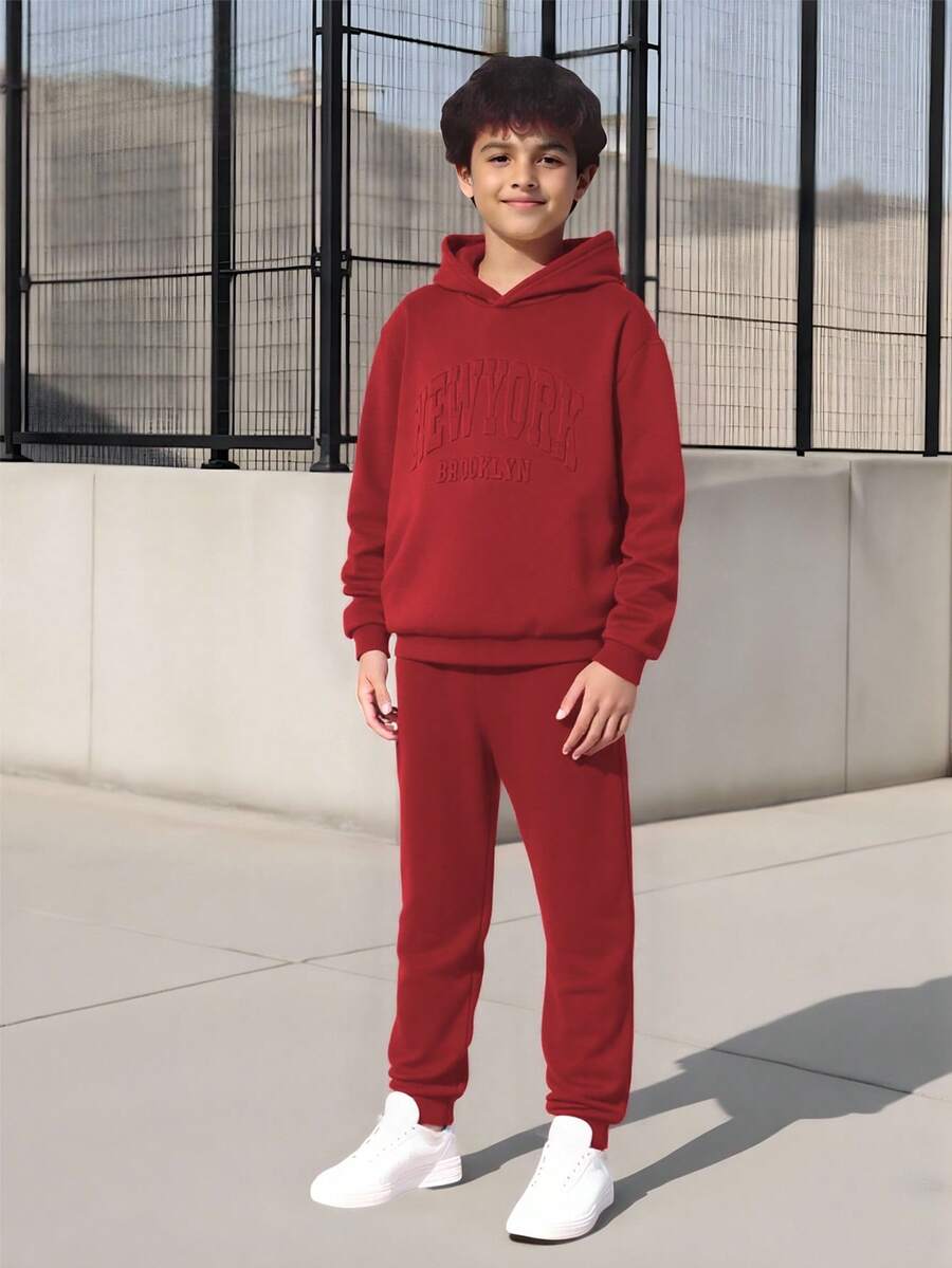 SHEIN Vacaura 2pcs/Set Boys Casual Hooded Sweatshirt And Sweatpants, Knit, Autumn/Winter Fall - Burgundy - View 1